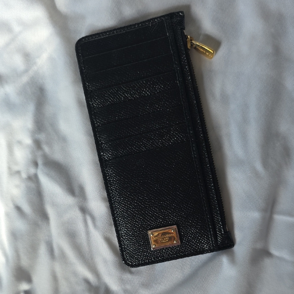 Dolce& Gabbana Black Leather Zip Card Wallet with Gold Hardware